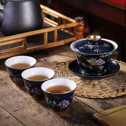 Tasse à thé en céramique dorée Gaiwan ou coffret 6 pièces
