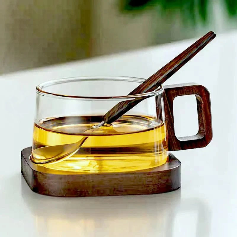 Tasse à thé en verre 200 ml avec plateau bois & cuillère