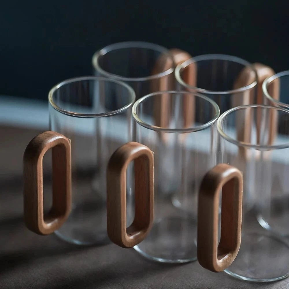 Tasse à thé en verre borosilicate avec anse bois 360 ml résistant