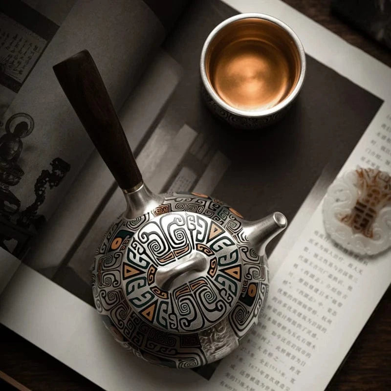 Théière artisanale en argent pur 999 300 ml avec manche latéral