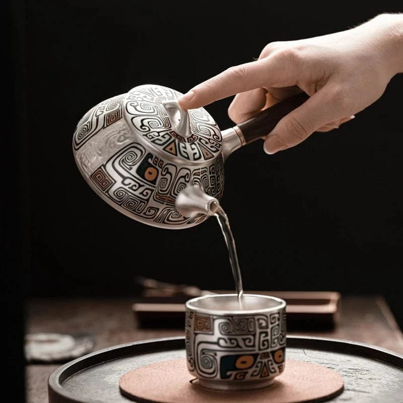 Théière artisanale en argent pur 999 300 ml avec manche latéral