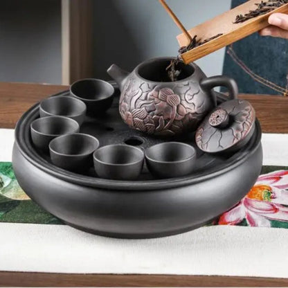 Théière en argile violette gravure lotus faite main (300 ml)