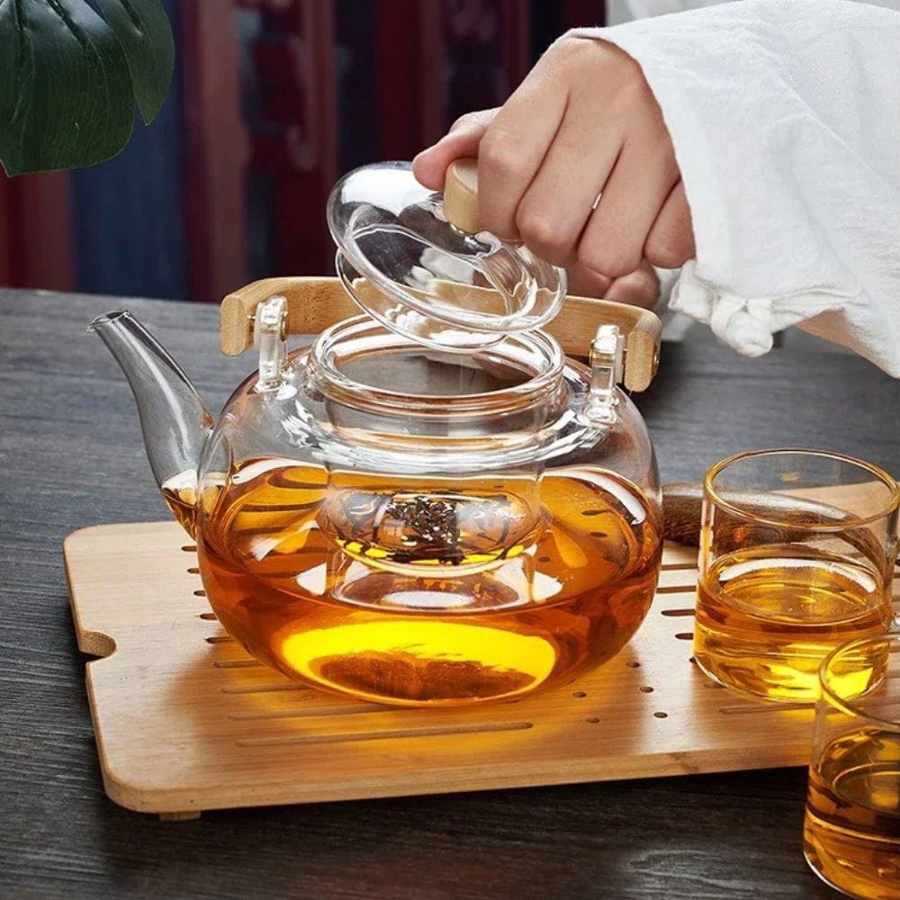 Théière en verre 1000 ml poignée bois & filtre intégré