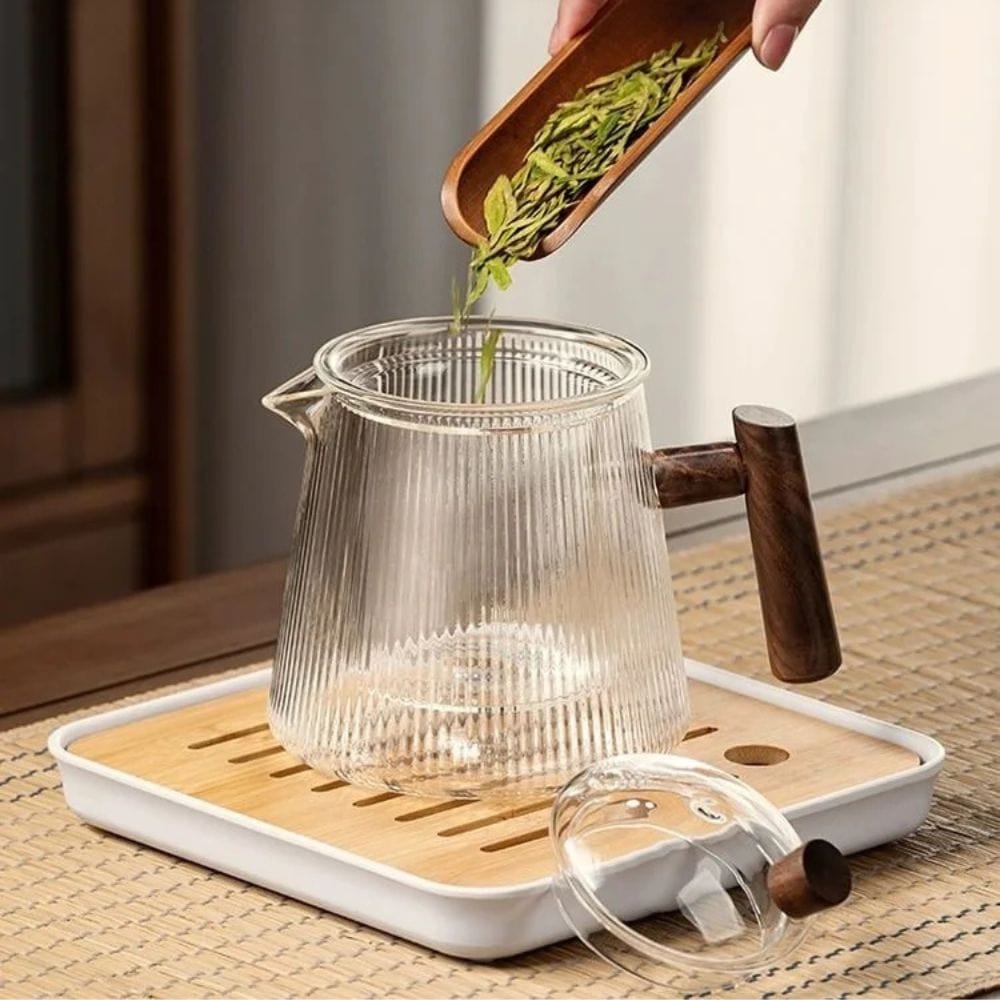 Théière en verre borosilicate 450 ou 900 ml, couvercle bois