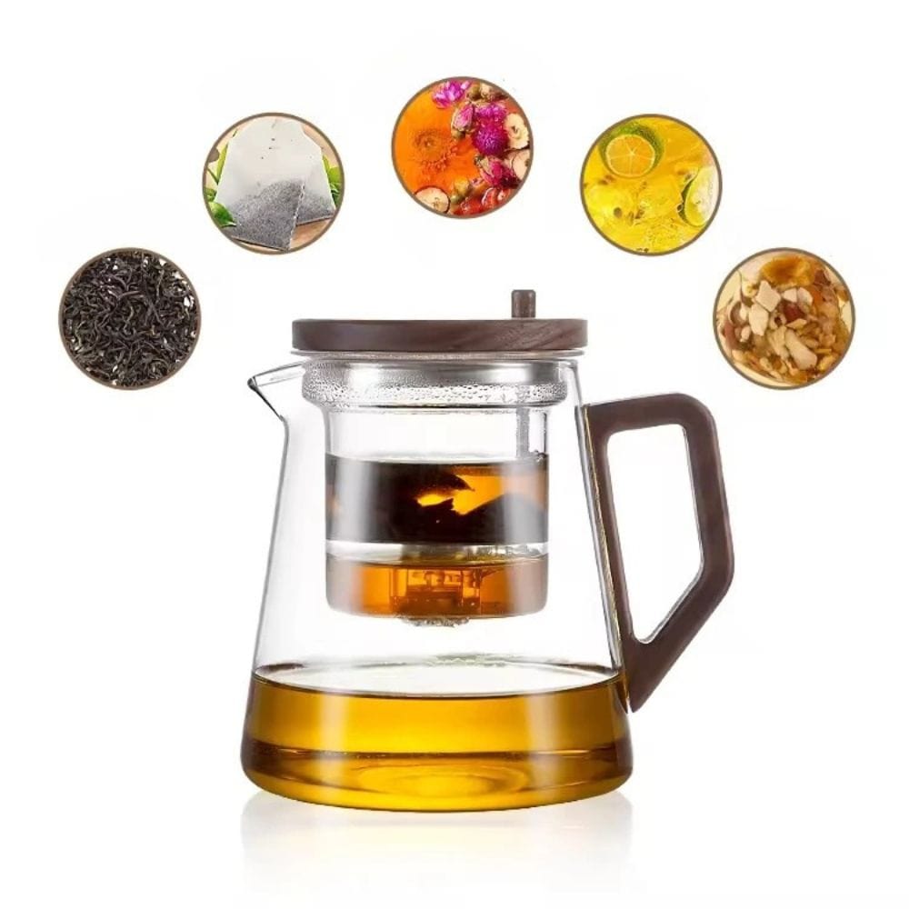 Théière en verre borosilicate 650 ml filtre inox & poignée bois