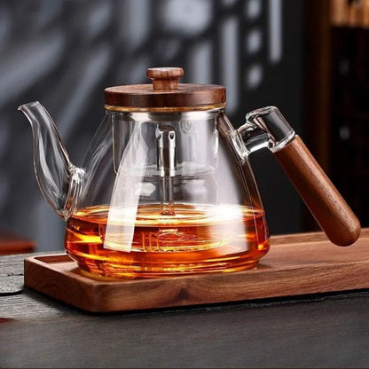 Théière en verre borosilicate avec poignée bois 1L