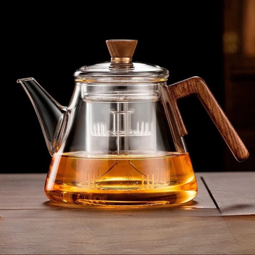 Théière en verre borosilicate avec poignée bois 1L