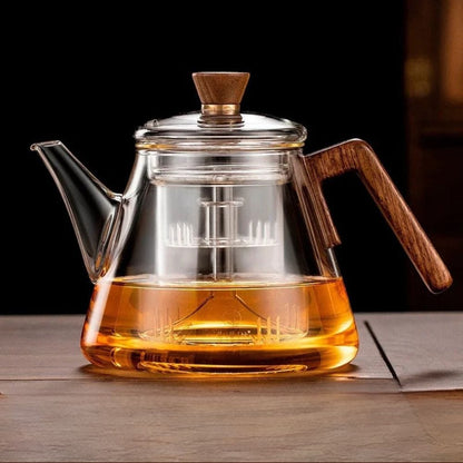 Théière en verre borosilicate avec poignée bois 1L