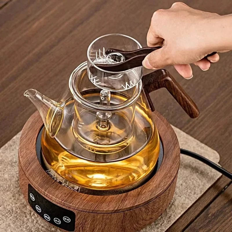 Théière en verre borosilicate avec poignée bois 1L