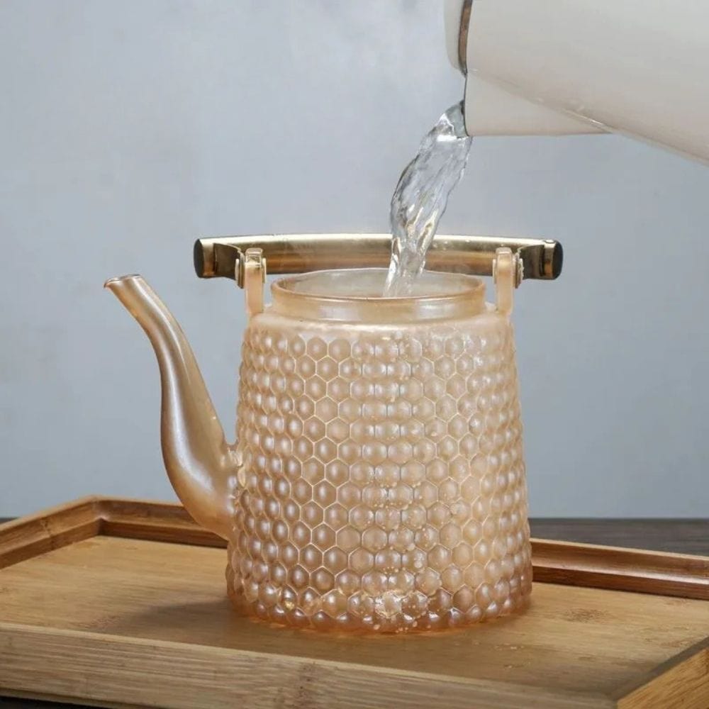 Théière japonaise martelée en verre poignée cuivre 1,5 L