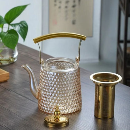 Théière japonaise martelée en verre poignée cuivre 1,5 L