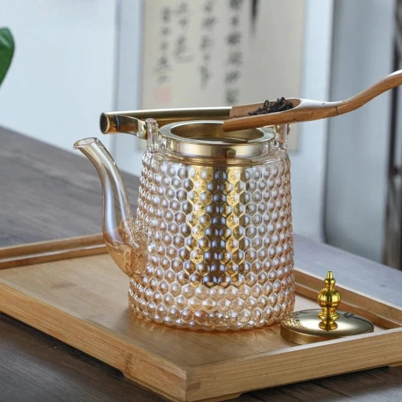 Théière japonaise martelée en verre poignée cuivre 1,5 L
